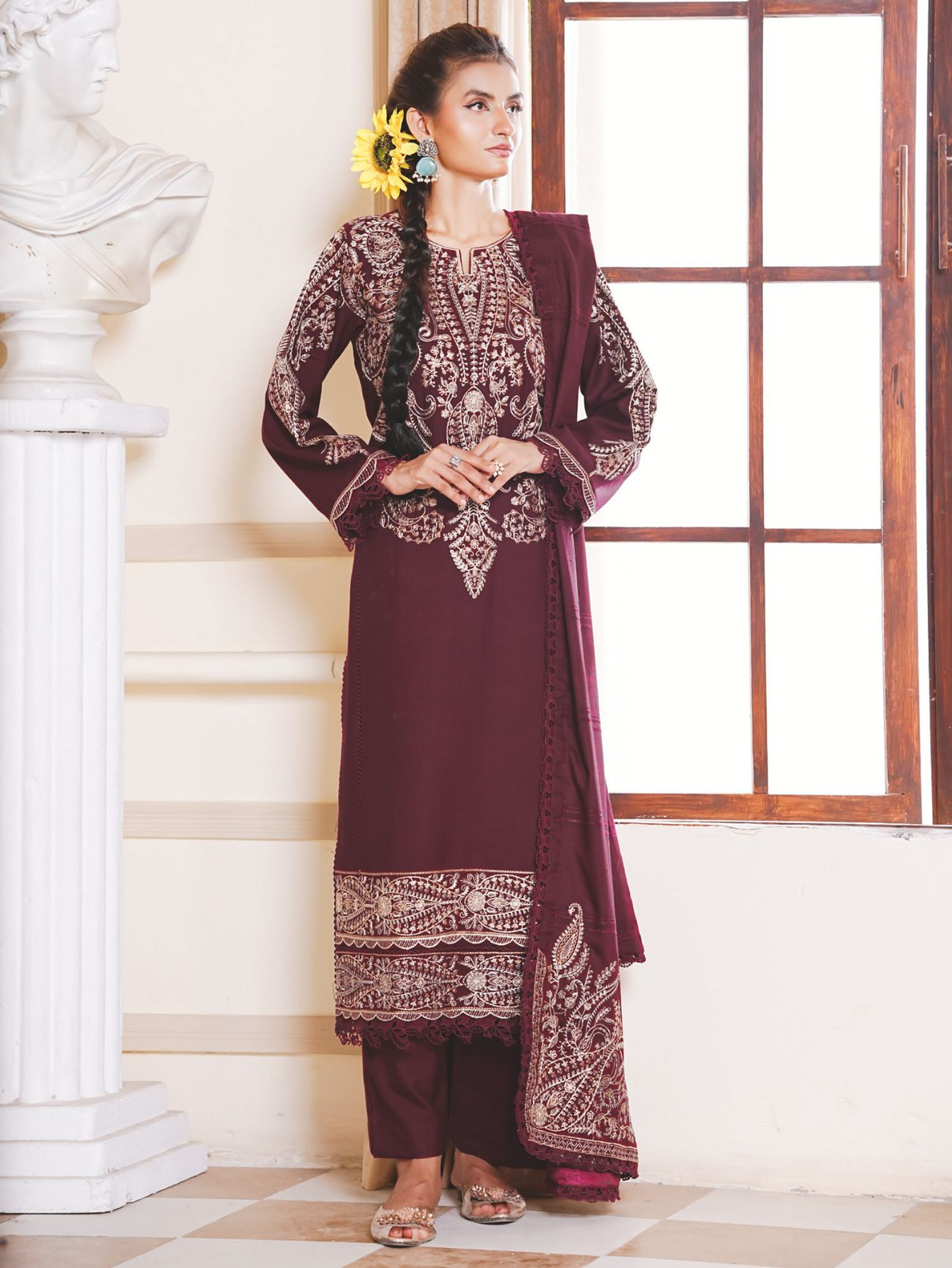 Premium Winter Embroidered Suit with Luxury Jacquard Wool Shawl