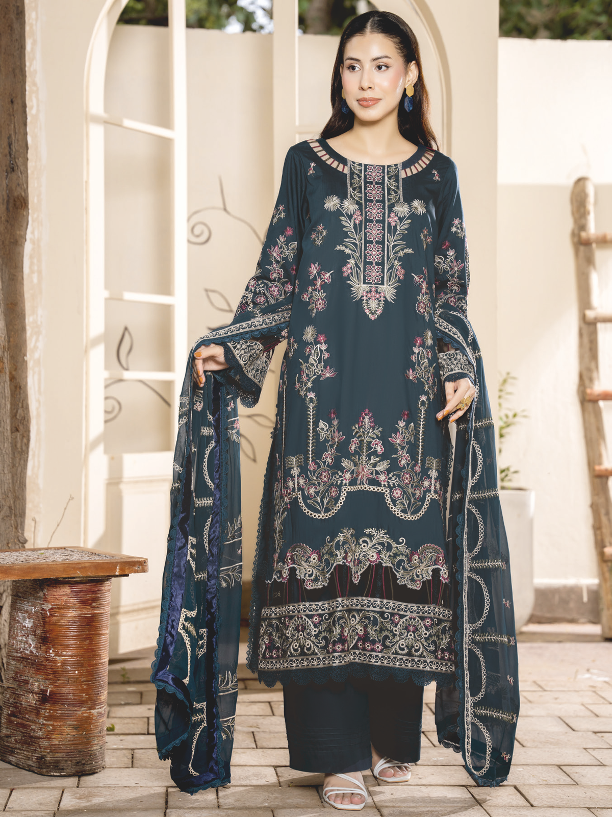Classy Embroidered Silk Viscose Unstitched Suit with Bamber Chiffon Dupatta