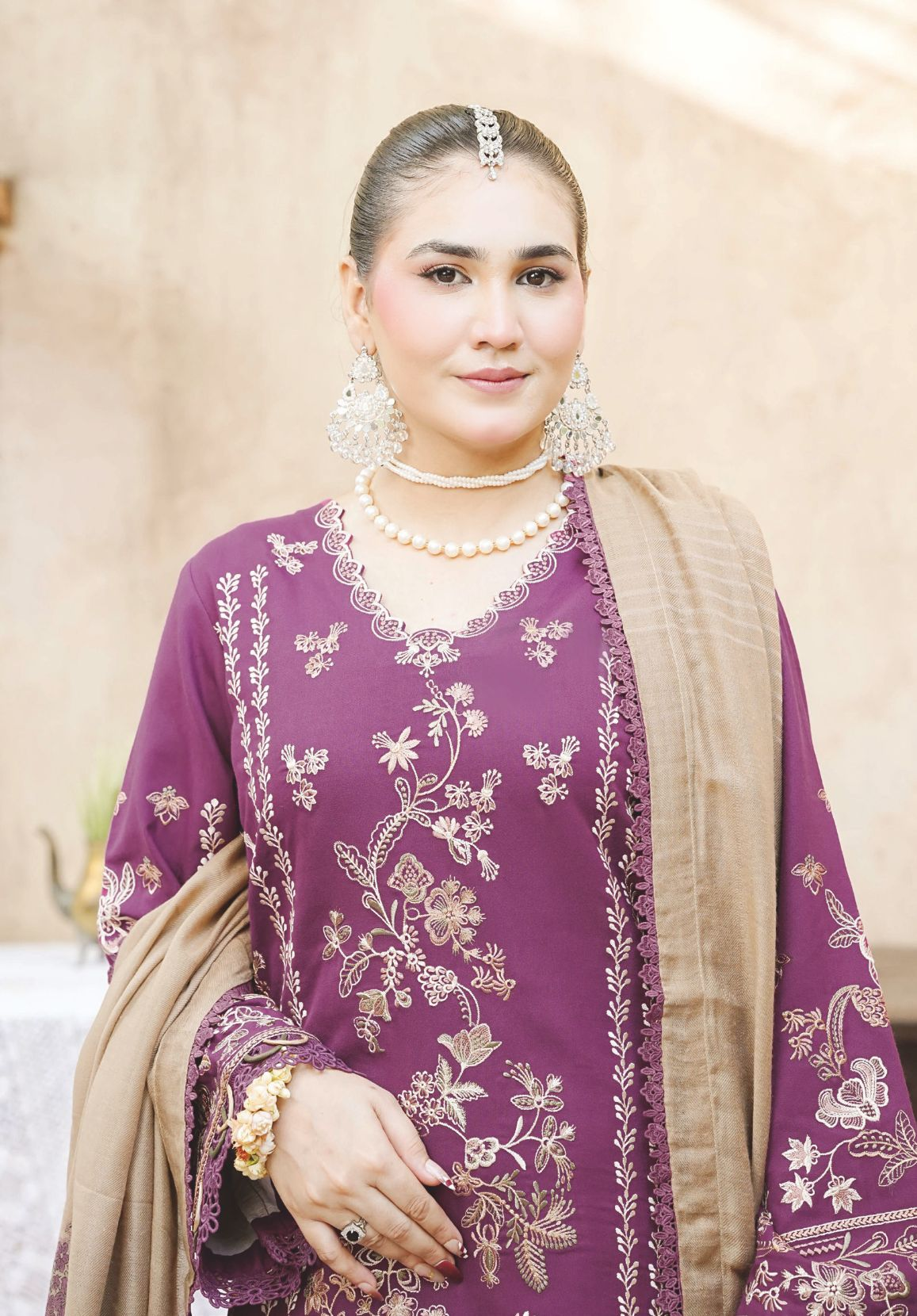 Designer Embroidered Winter 3-Piece with Jacquard Luxury Wool Shawl