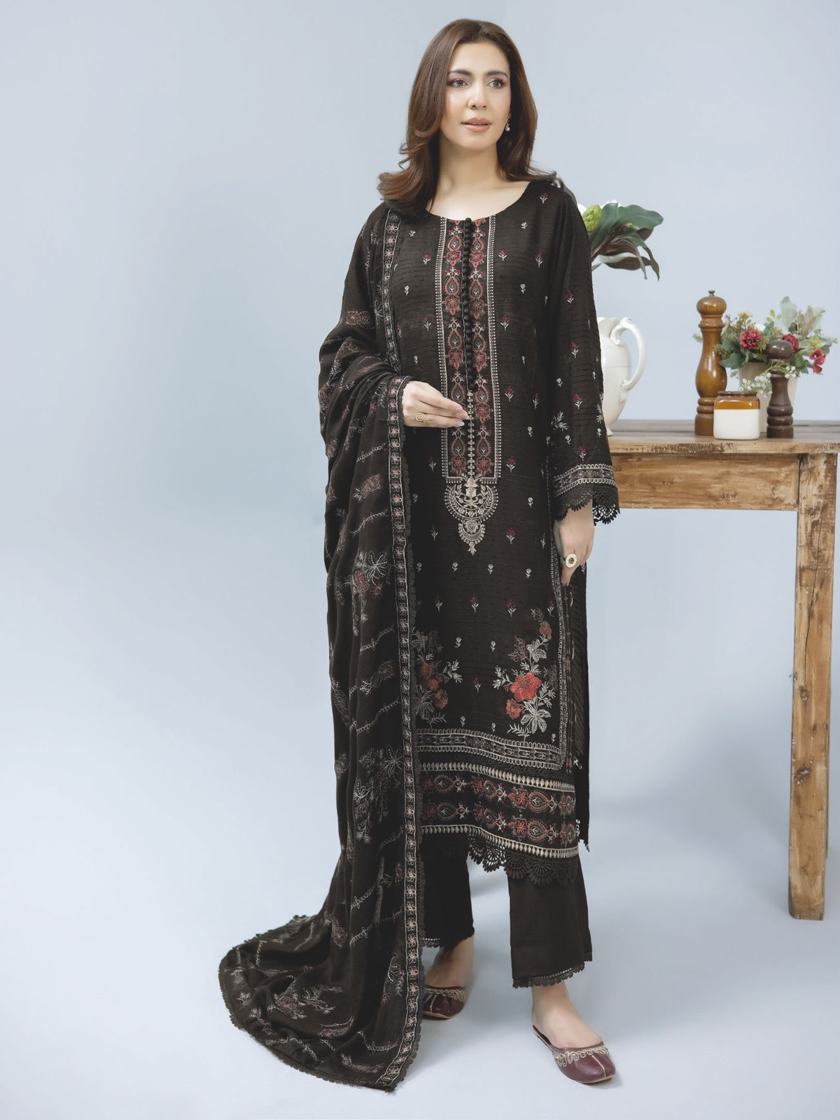 Elegant Embroidered Winter Dress with Luxury Wool Shawl