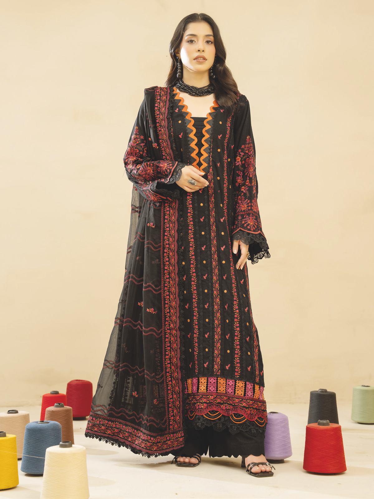Elegant Embroidered Resham Karandi Bamber Chiffon Dupatta | Winter Collection