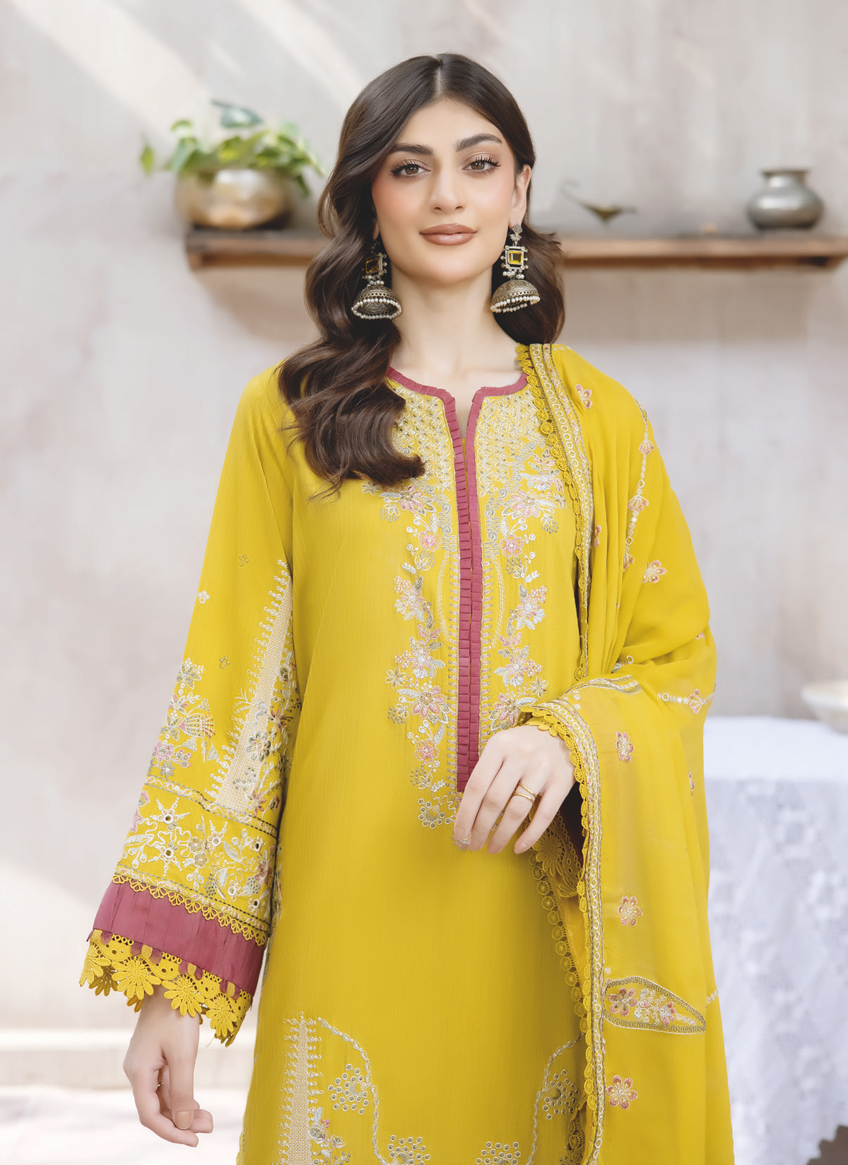 Designer Embroidered Silk Viscose Suit with Embroidered Chiffon Dupatta