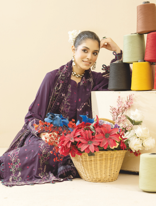 Luxury Winter Embroidered Silk Viscose Suit with Embroidered Chiffon Dupatta
