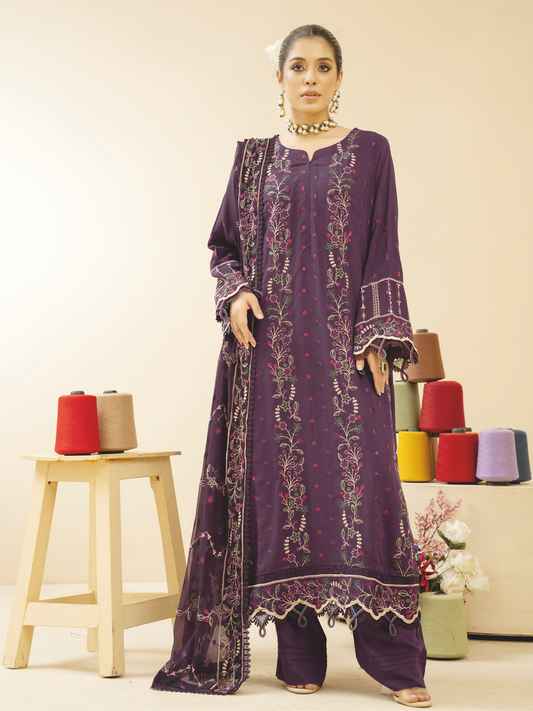 Luxury Winter Embroidered Silk Viscose Suit with Embroidered Chiffon Dupatta