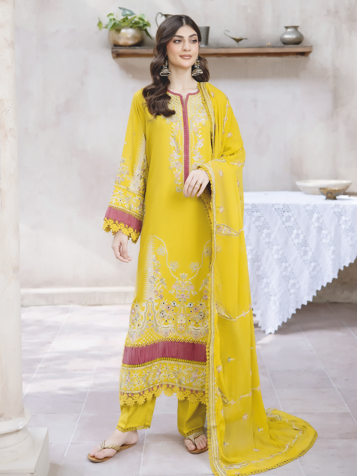 Designer Embroidered Silk Viscose Suit with Embroidered Chiffon Dupatta