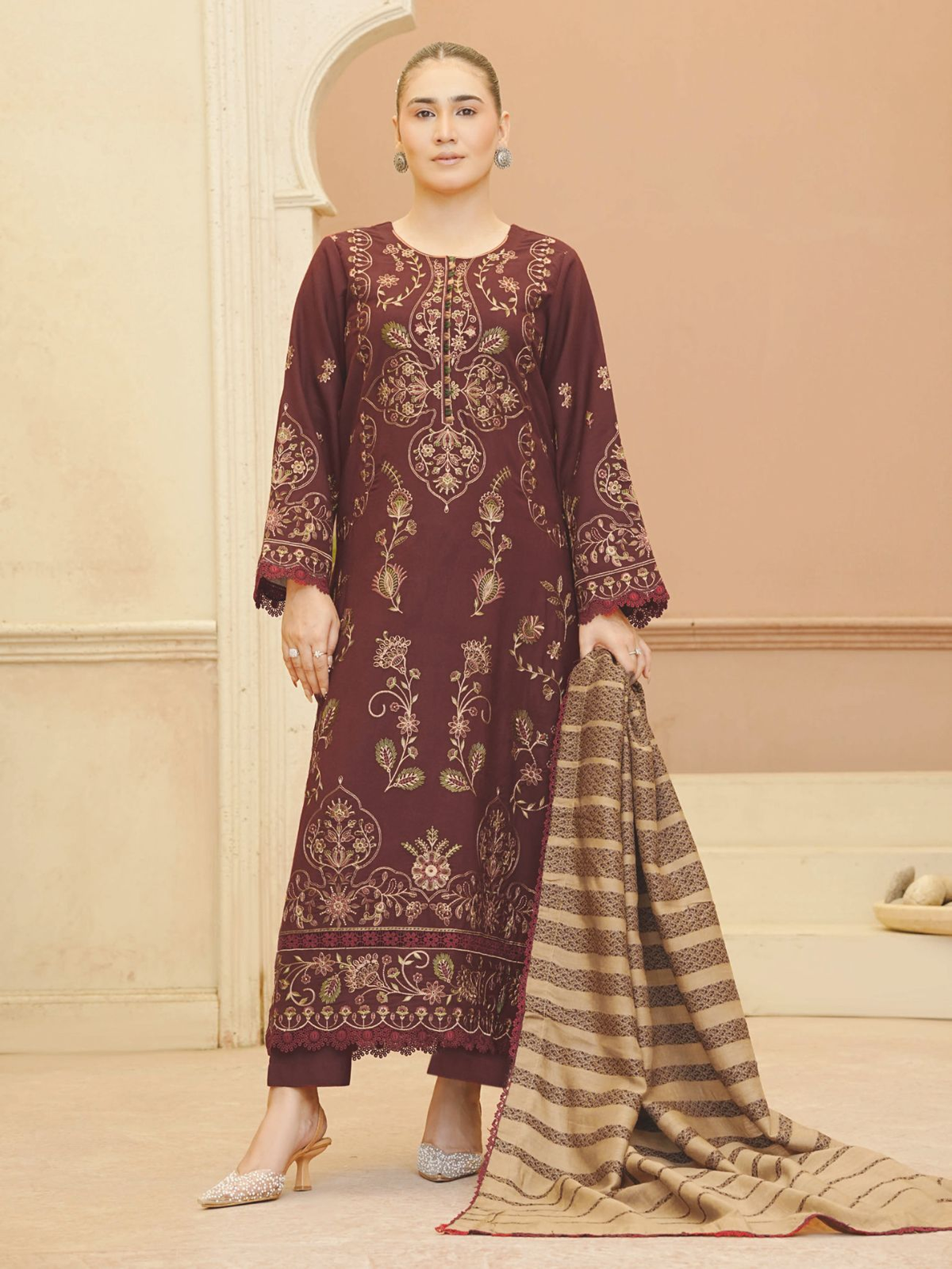 Embroidered Winter Ensemble with Premium Jacquard Wool Shawl