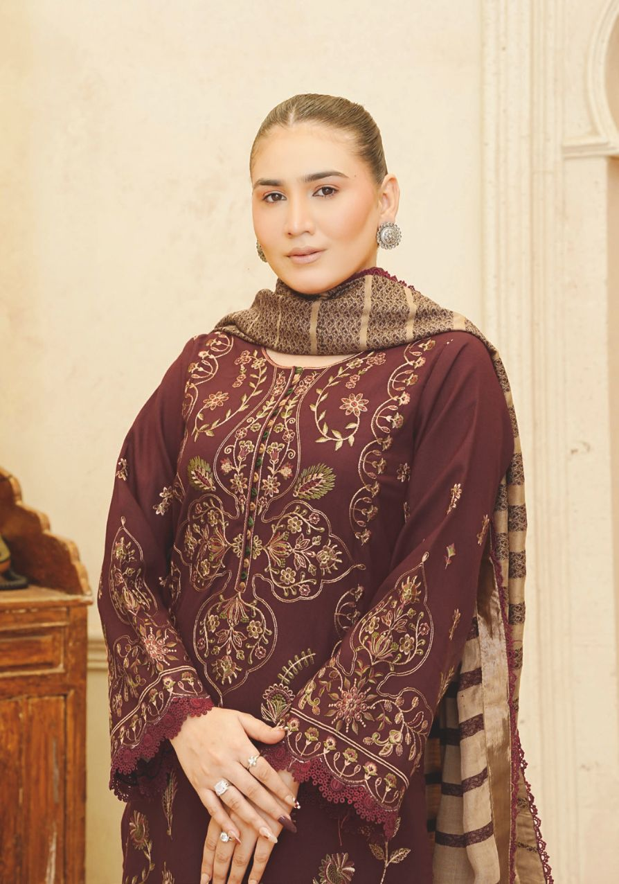Embroidered Winter Ensemble with Premium Jacquard Wool Shawl
