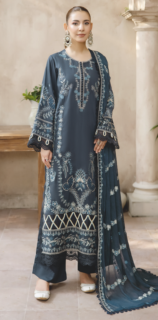 Luxury Embroidered Silk Viscose Suit with Chiffon Dupatta