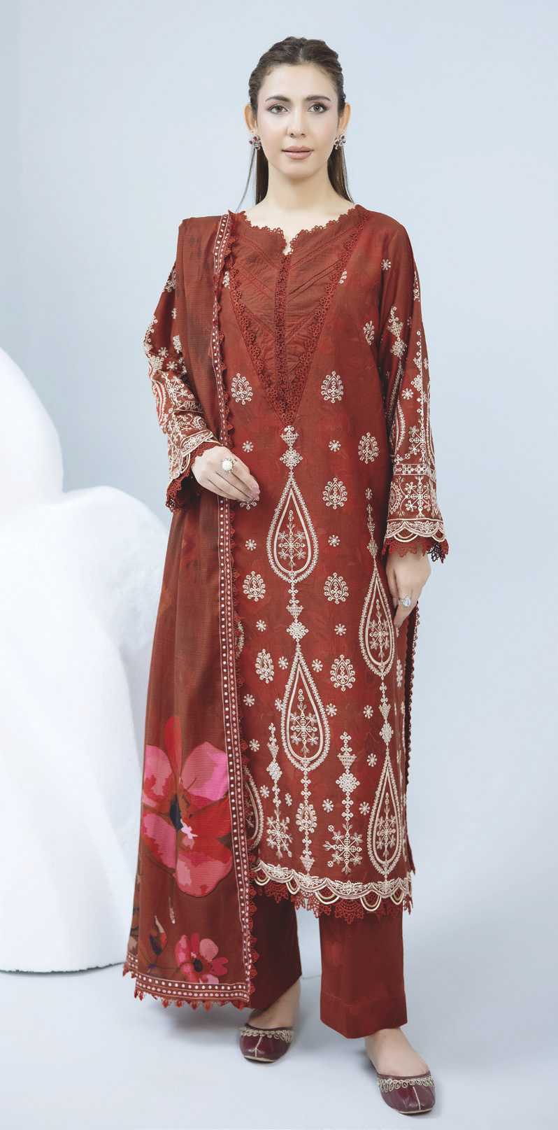 Luxury Embroidered Slub 3-Piece Collection with Printed Shawl & Trousers