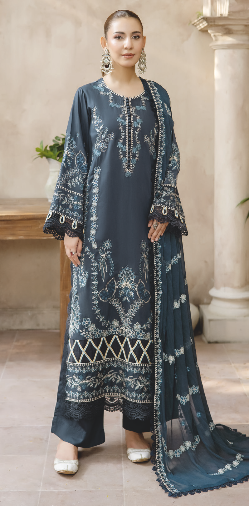 Luxury Embroidered Silk Viscose Suit with Chiffon Dupatta