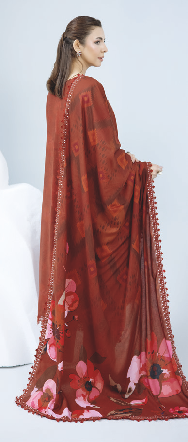 Luxury Embroidered Slub 3-Piece Collection with Printed Shawl & Trousers