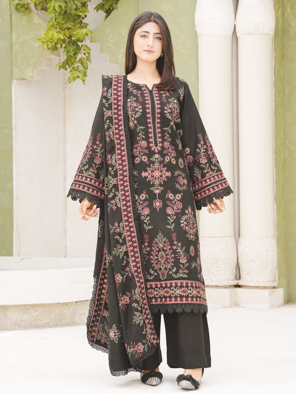 Designer Peach Leather Suit with Embroidered Luxury Winter Shawl