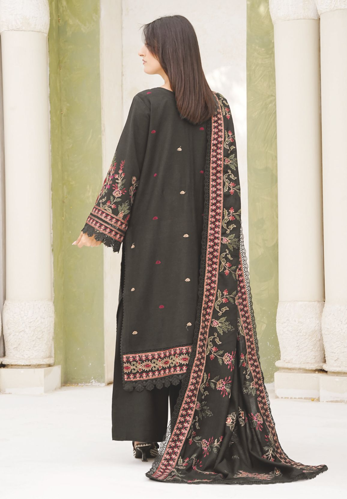 Designer Peach Leather Suit with Embroidered Luxury Winter Shawl