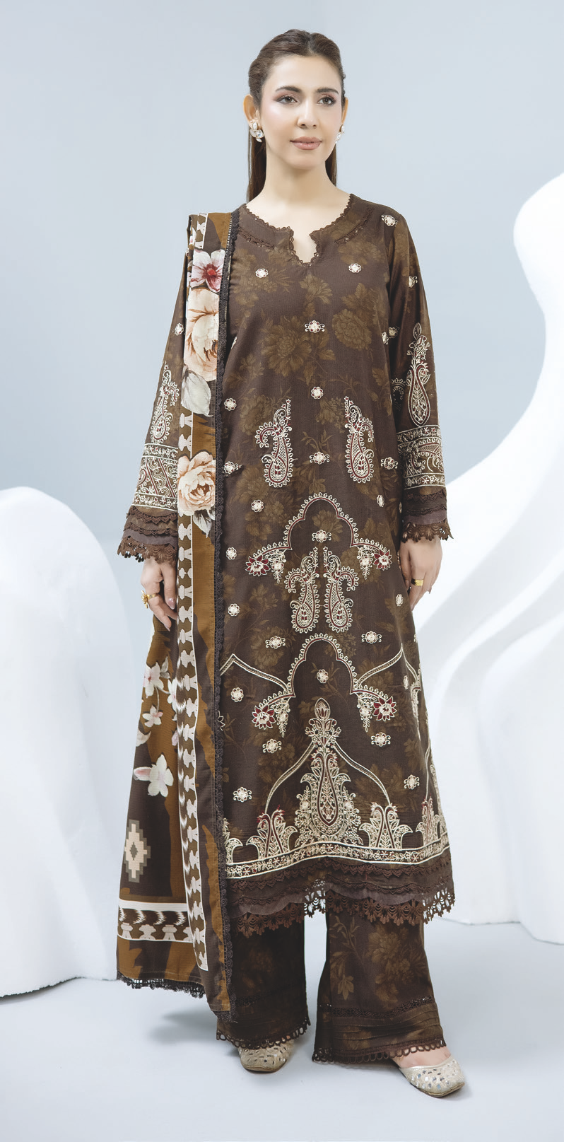 Embroidered Luxury Staple Slub 3-Piece Suit with Printed Shawl & Trousers
