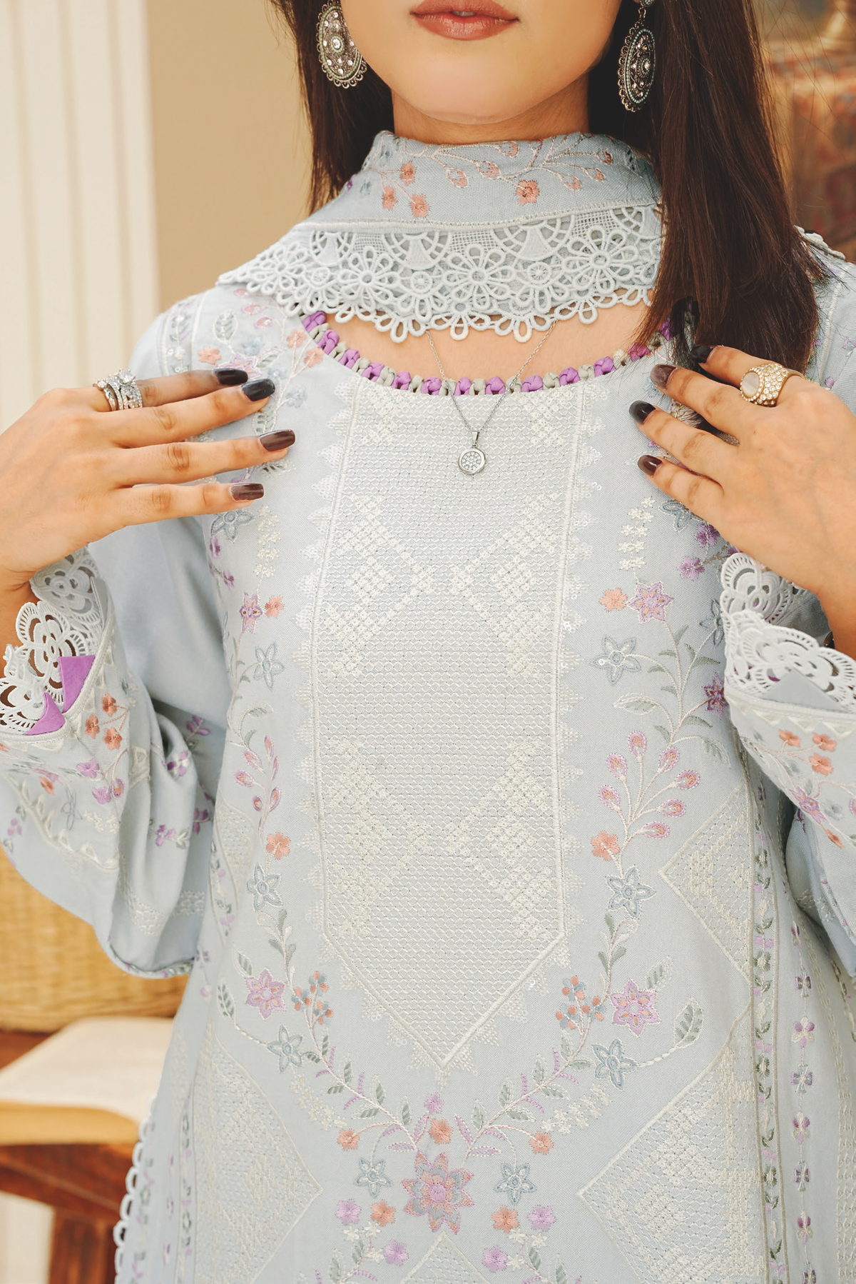 Premium Embroidered Peach Leather 3-Piece Suit with Wool Shawl