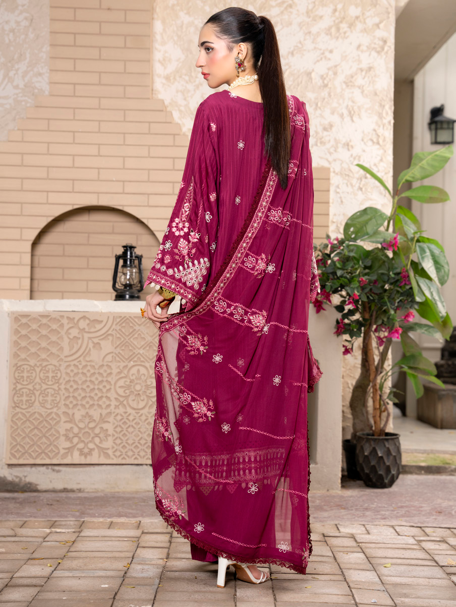 Maroon Embroidered Silk Viscose 3 Piece Suit with Bamber Chiffon Dupatta