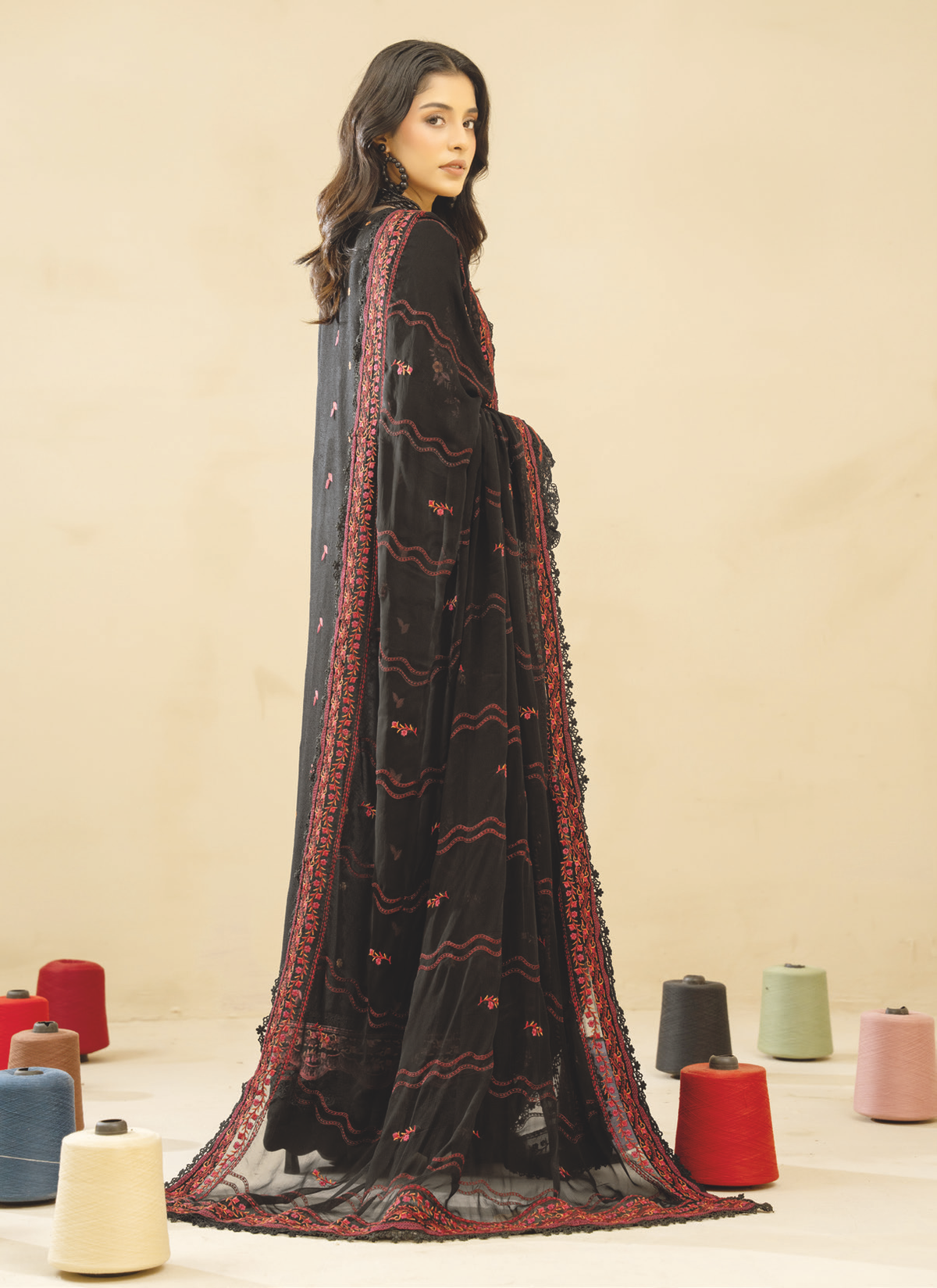 Elegant Embroidered Resham Karandi Bamber Chiffon Dupatta | Winter Collection