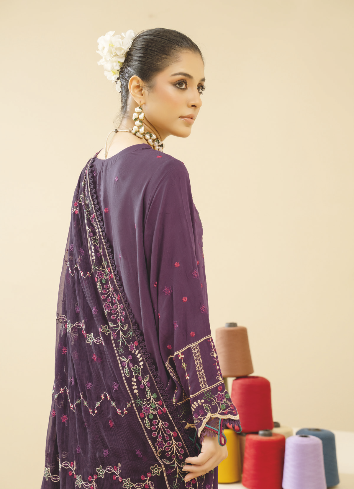 Luxury Winter Embroidered Silk Viscose Suit with Embroidered Chiffon Dupatta