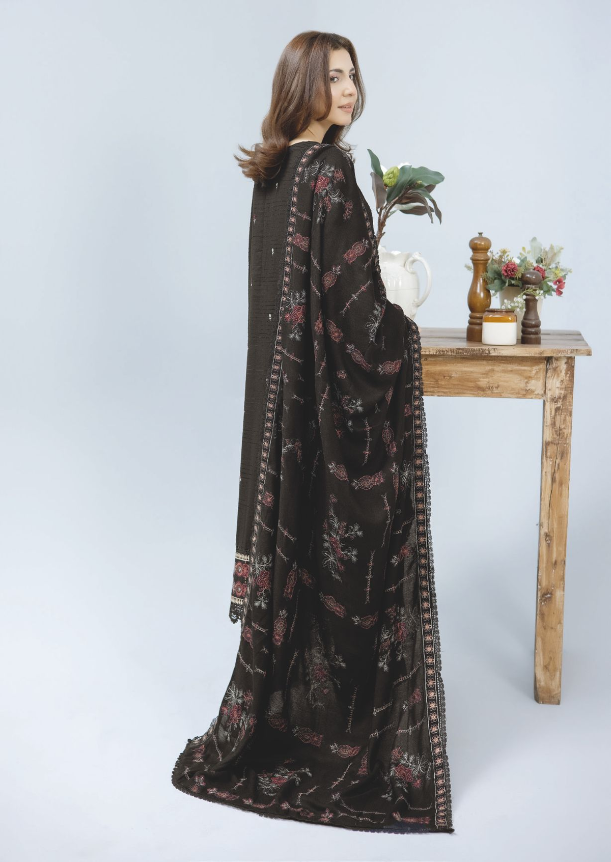 Elegant Embroidered Winter Dress with Luxury Wool Shawl