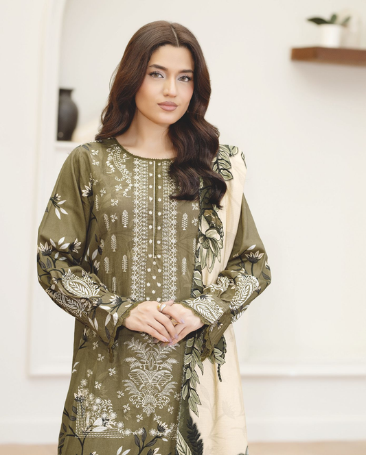 Embroidered Luxury Staple Slub Suit with Printed Shawal – Timeless Pakistani Winter Wear