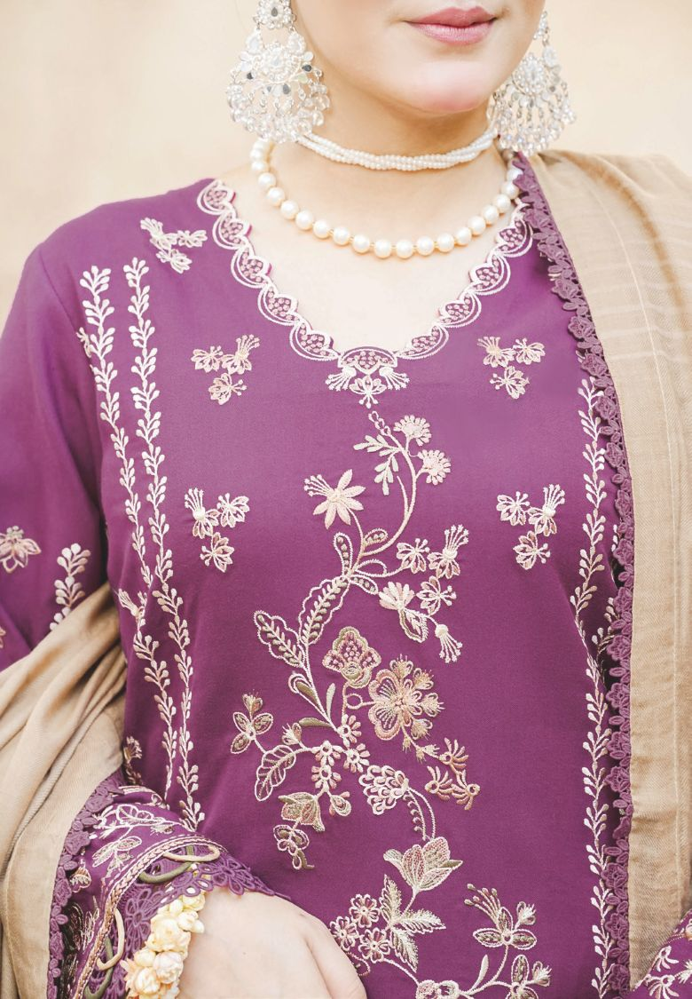 Designer Embroidered Winter 3-Piece with Jacquard Luxury Wool Shawl