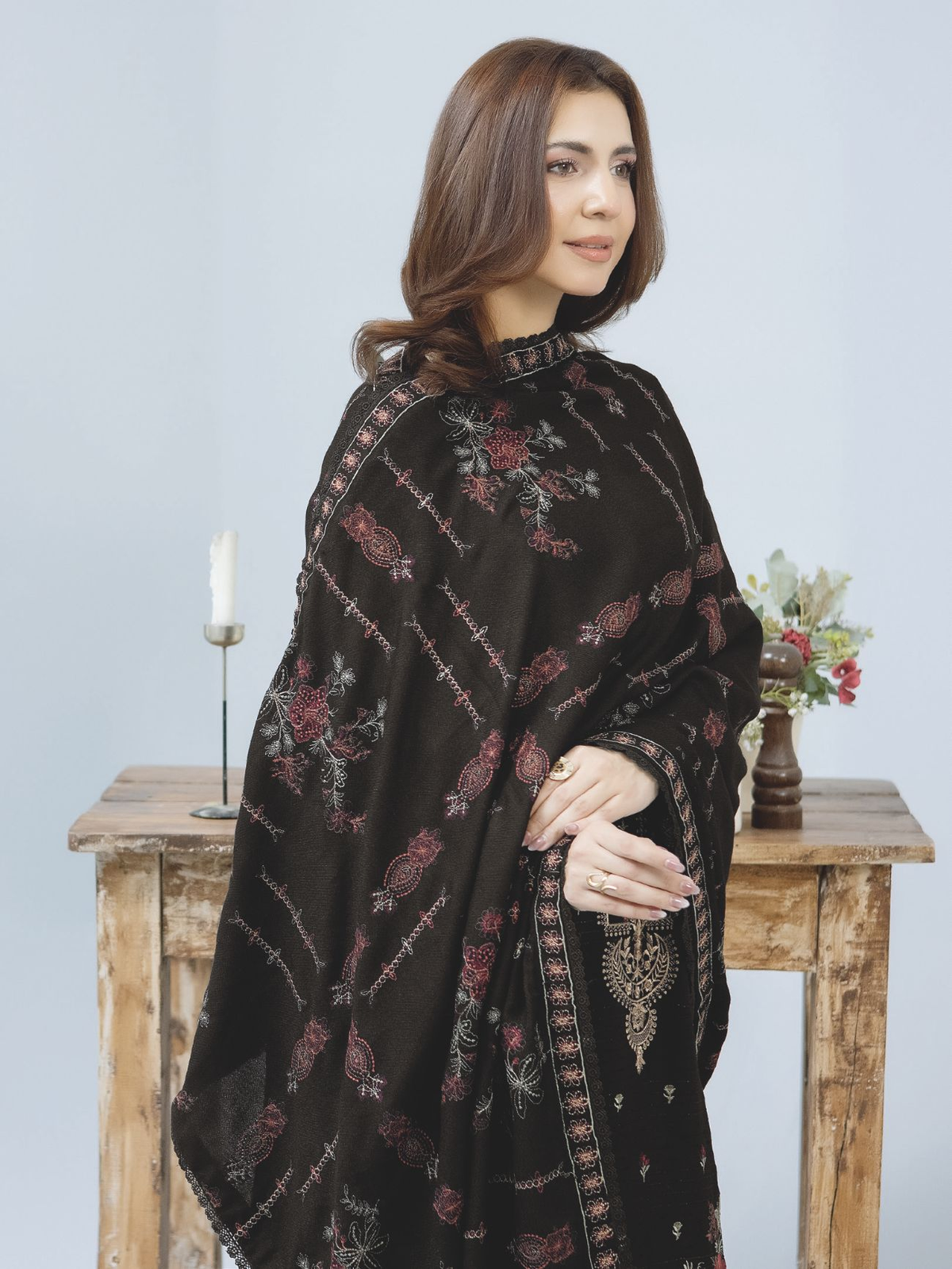 Elegant Embroidered Winter Dress with Luxury Wool Shawl