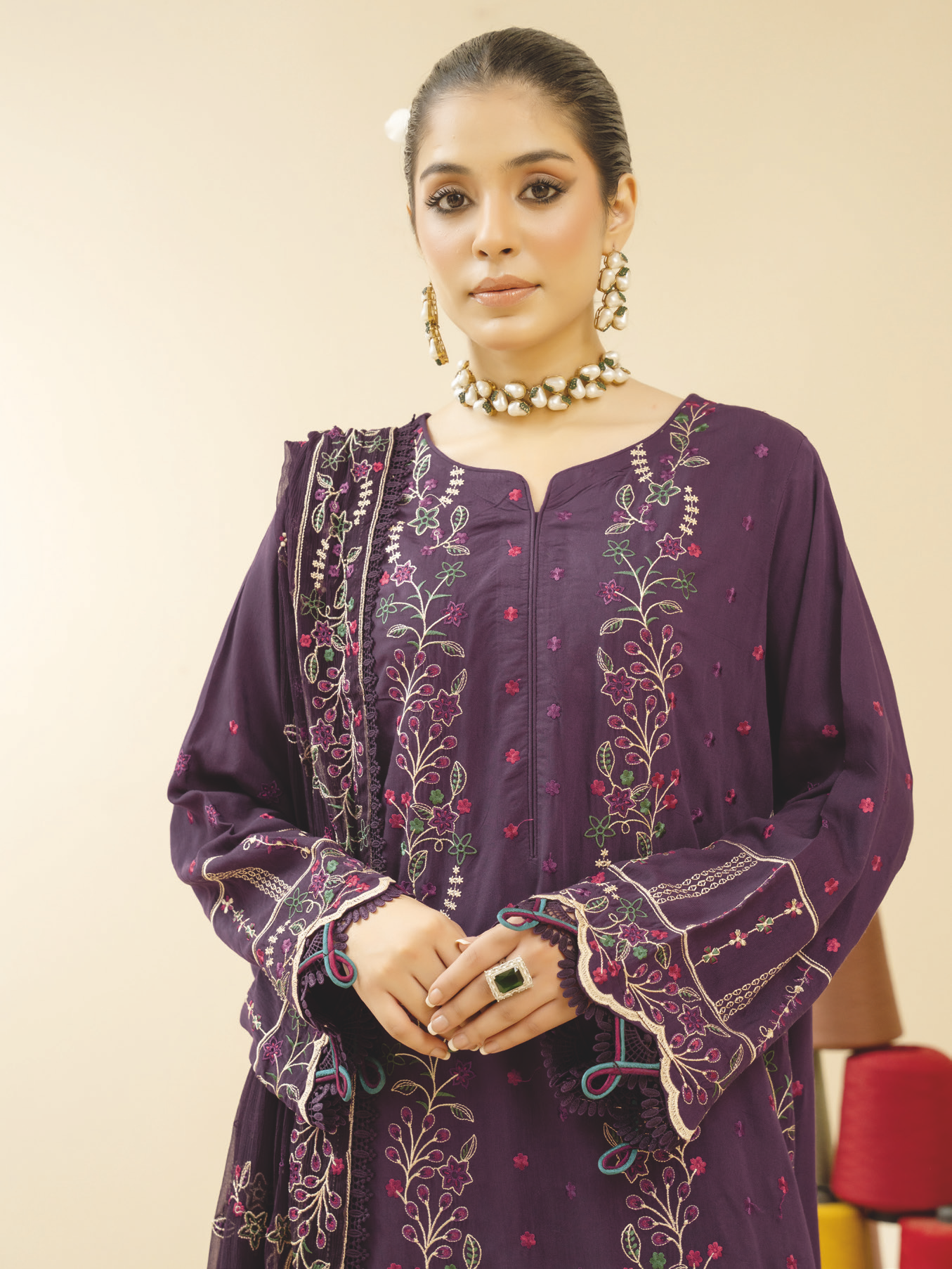 Luxury Winter Embroidered Silk Viscose Suit with Embroidered Chiffon Dupatta