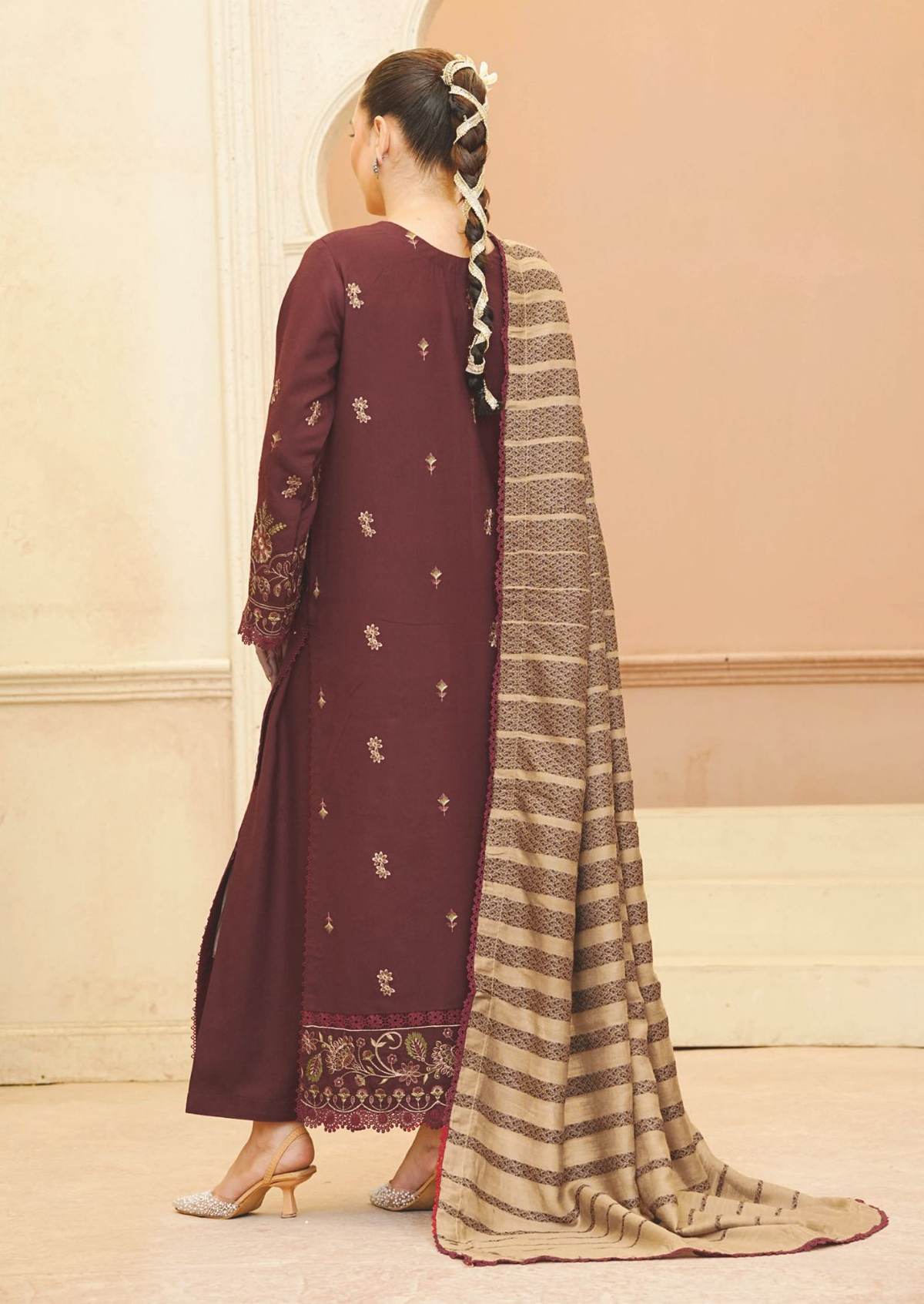 Embroidered Winter Ensemble with Premium Jacquard Wool Shawl