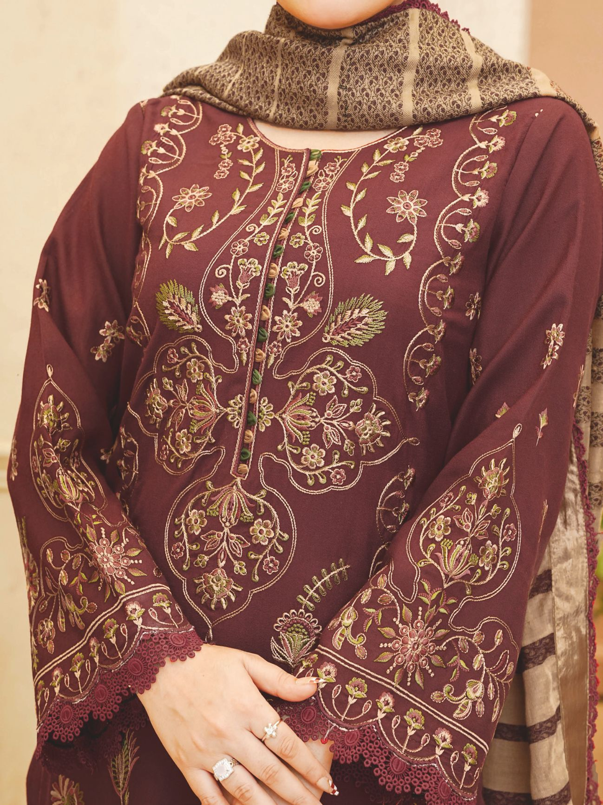 Embroidered Winter Ensemble with Premium Jacquard Wool Shawl