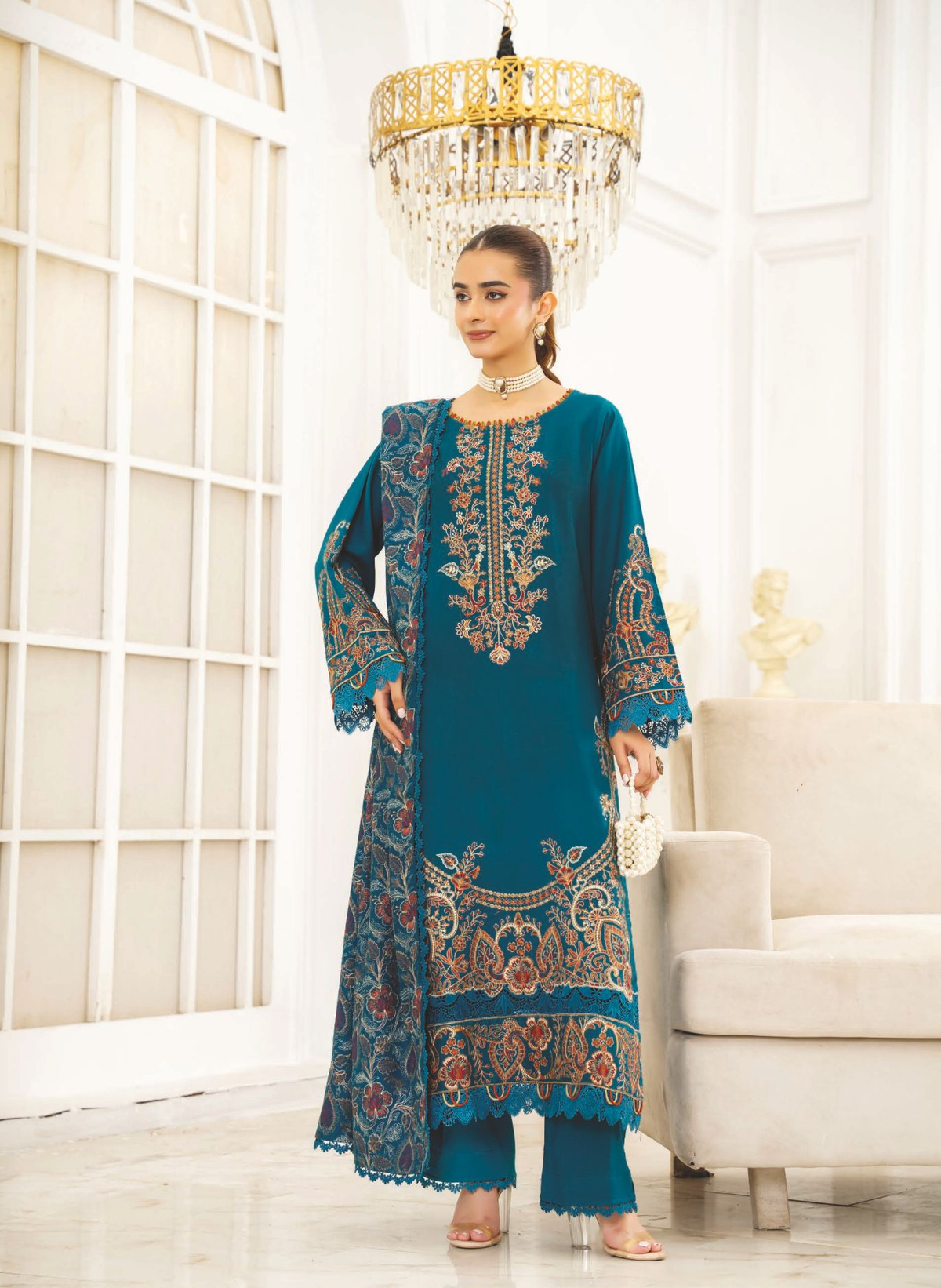 Luxury Embroidered Winter 3-Piece Suit with Shawl