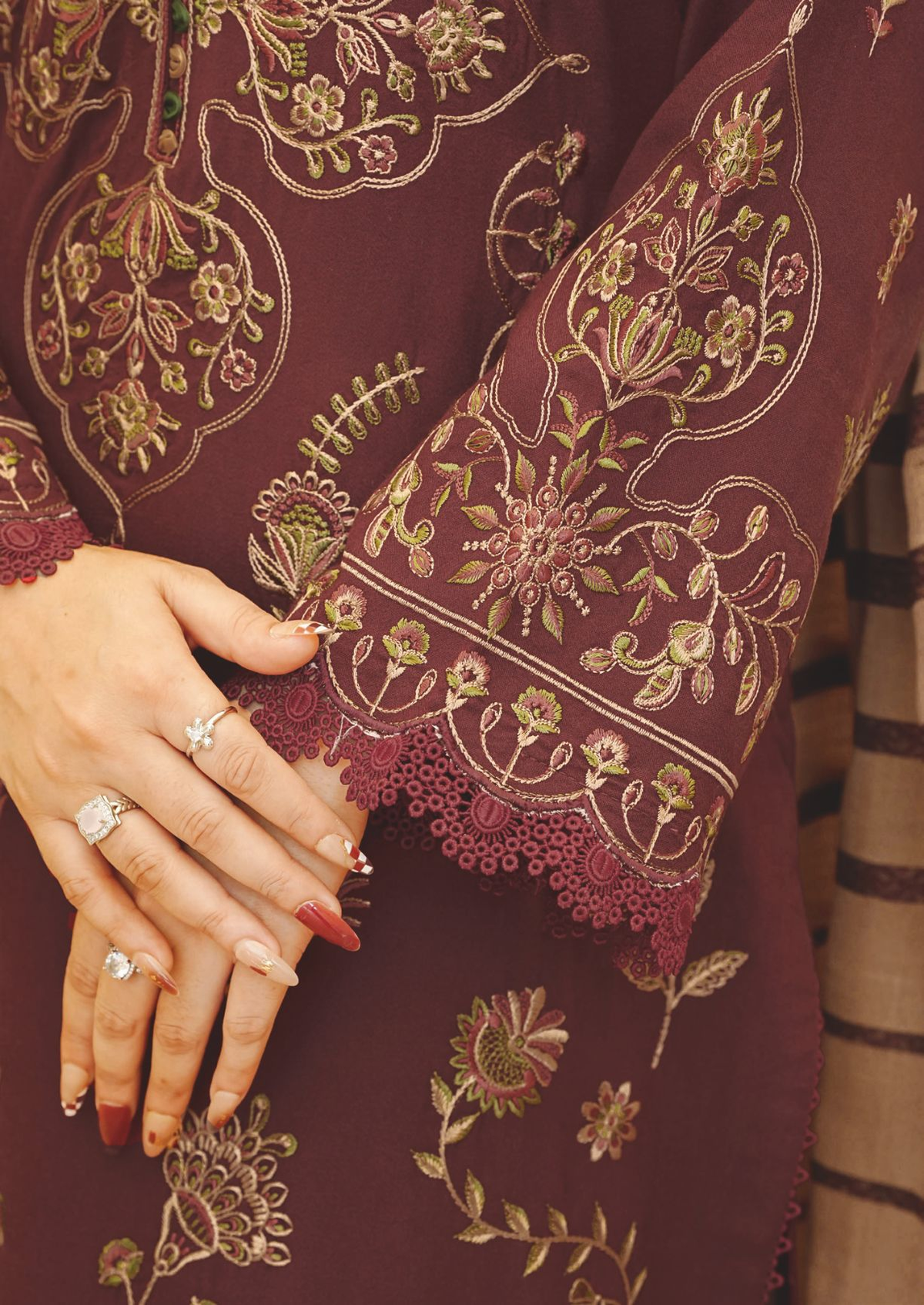 Embroidered Winter Ensemble with Premium Jacquard Wool Shawl