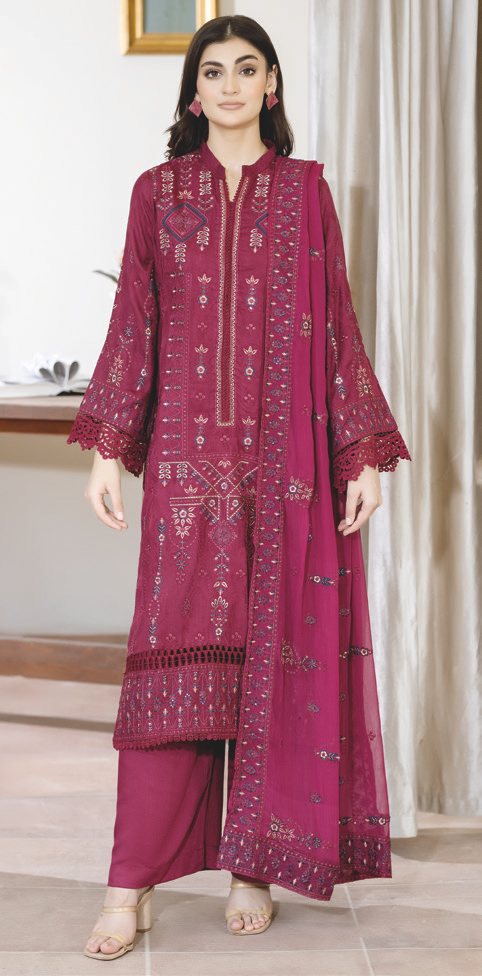 Luxury Embroidered Silk Viscose 3PC Suit | Bamber Chiffon Embroidered Dupatta | Winter Wear