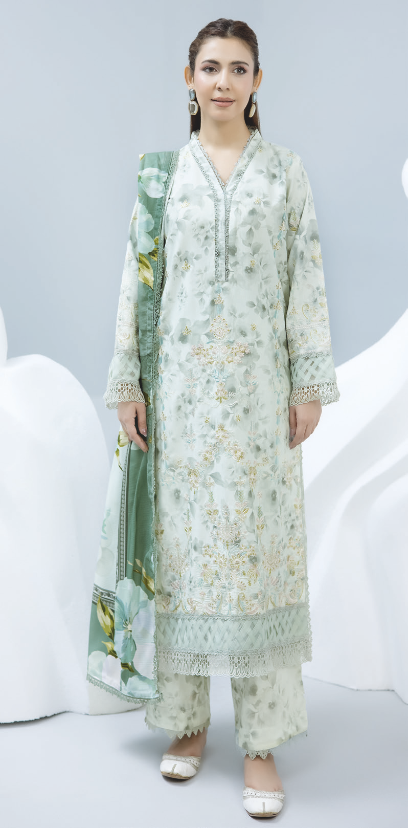Embroidered Luxury Slub 3-Piece Dress with Printed Shawl and Trousers