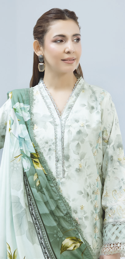 Embroidered Luxury Slub 3-Piece Dress with Printed Shawl and Trousers