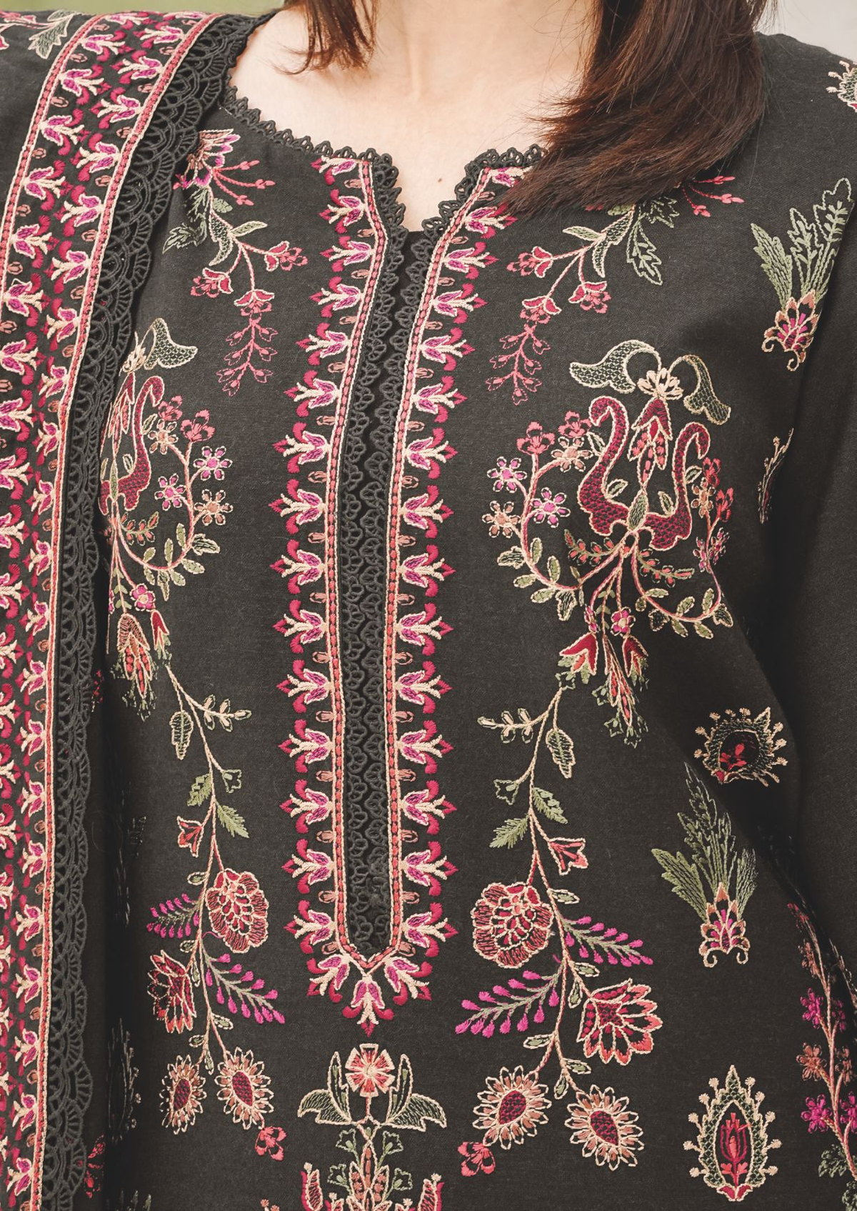 Designer Peach Leather Suit with Embroidered Luxury Winter Shawl