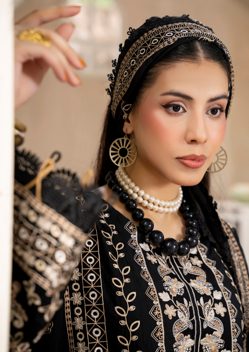 Black Embroidered Silk Viscose 3 Piece Suit with Bamber Chiffon Dupatta