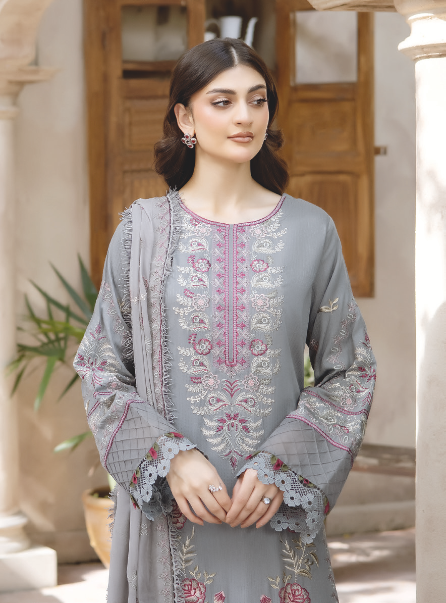 Luxury Embroidered Silk Viscose Suit with Bamber Chiffon Dupatta