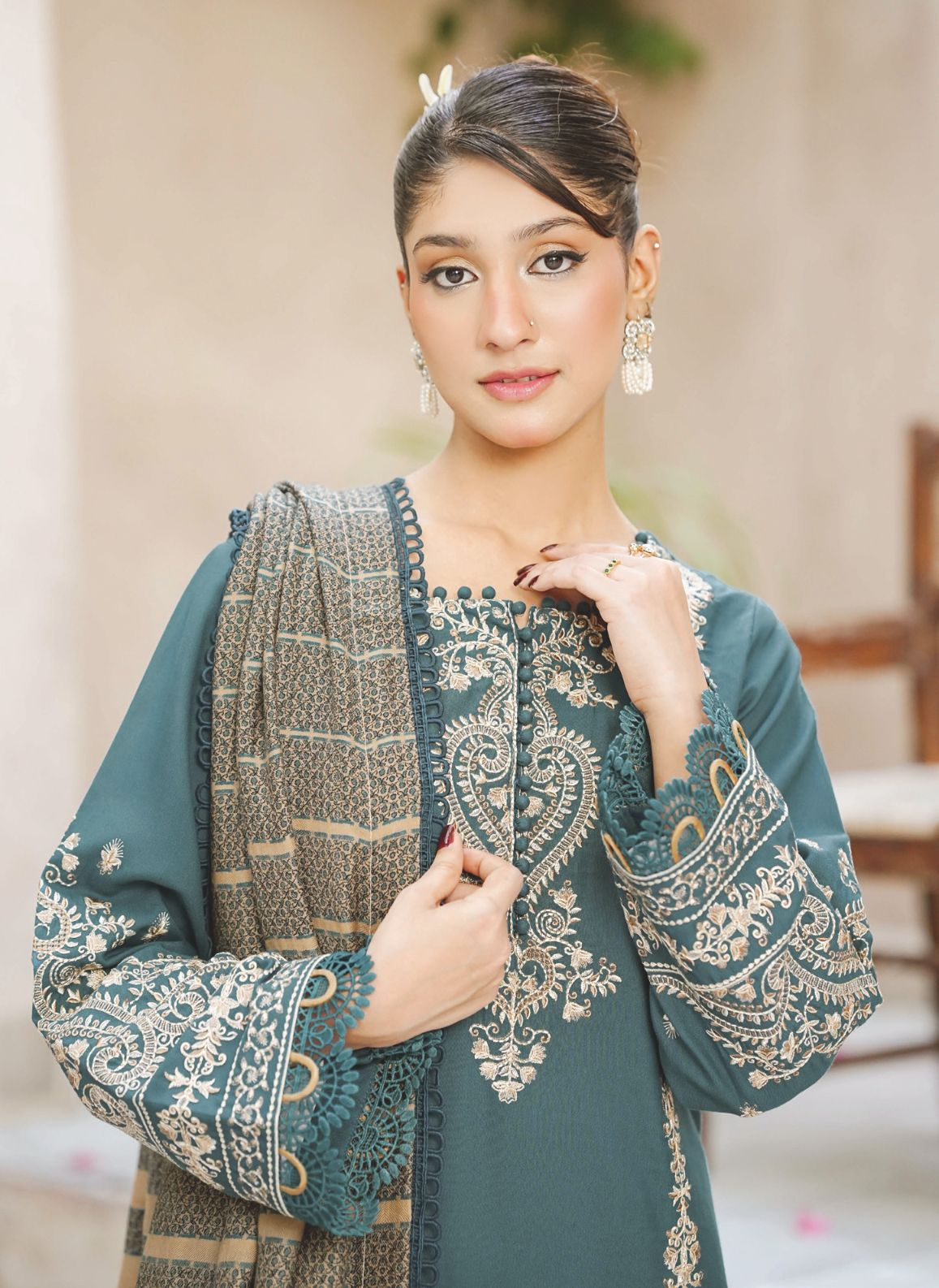 Elegant Embroidered Winter Collection with Jacquard Wool Shawl