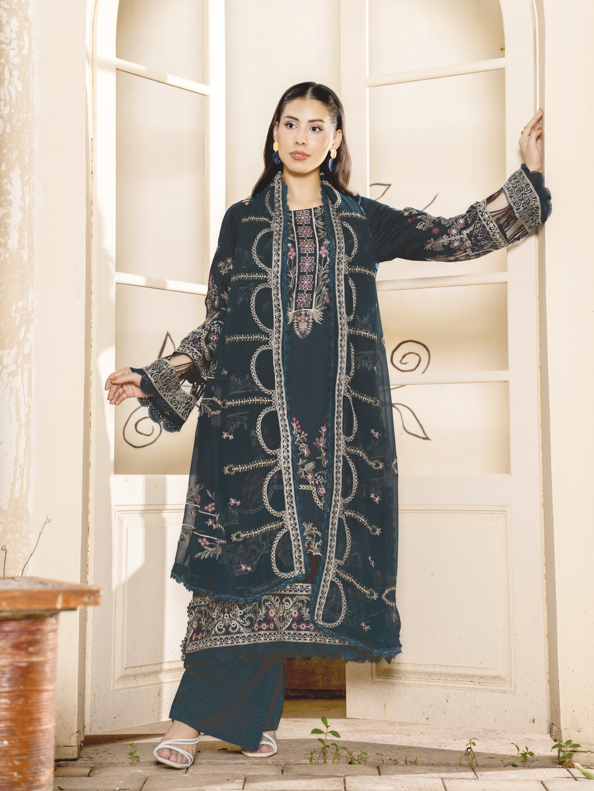 Classy Embroidered Silk Viscose Unstitched Suit with Bamber Chiffon Dupatta