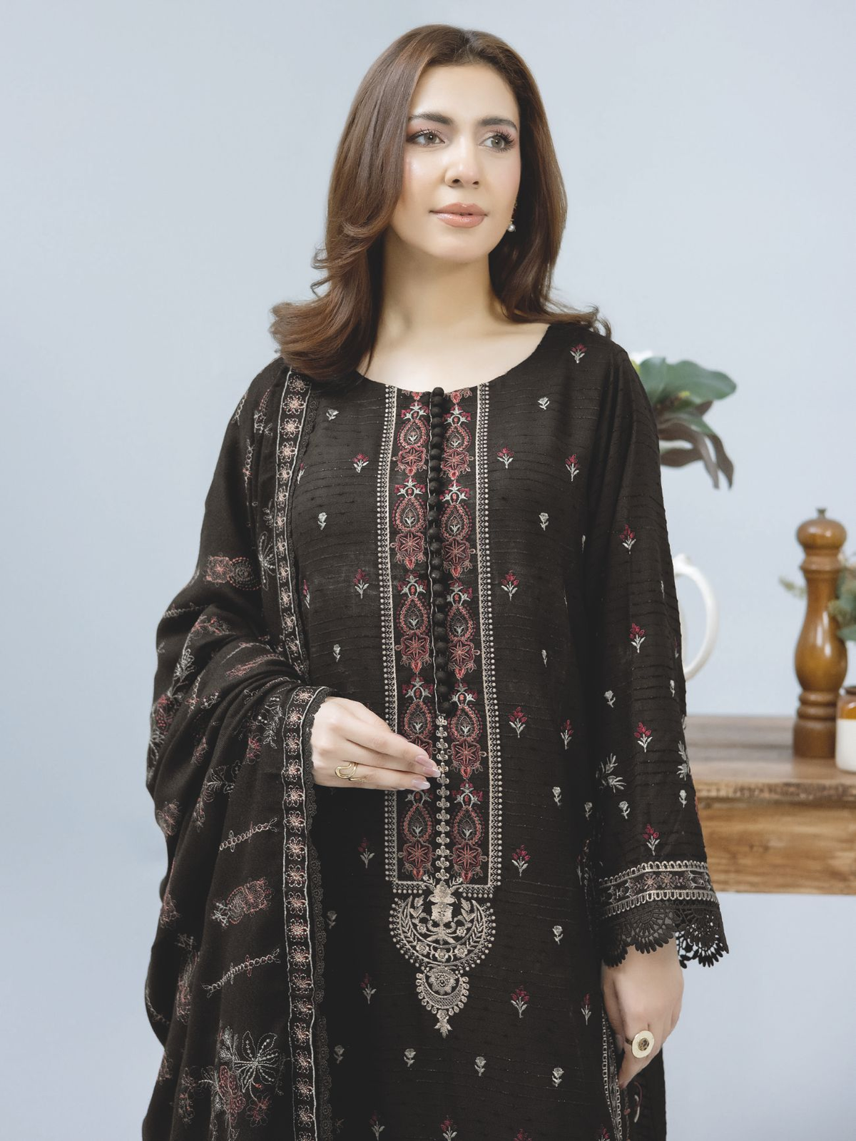 Elegant Embroidered Winter Dress with Luxury Wool Shawl