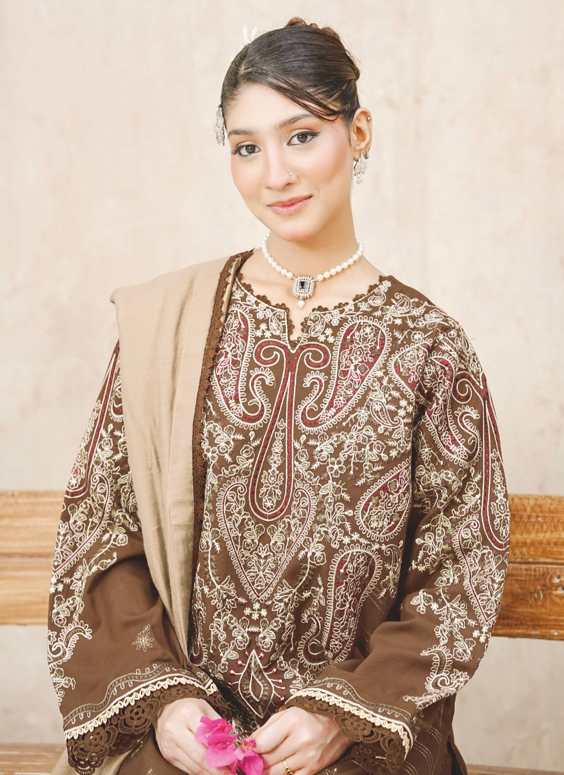 Luxury Embroidered Winter Suit with Jacquard Wool Shawl