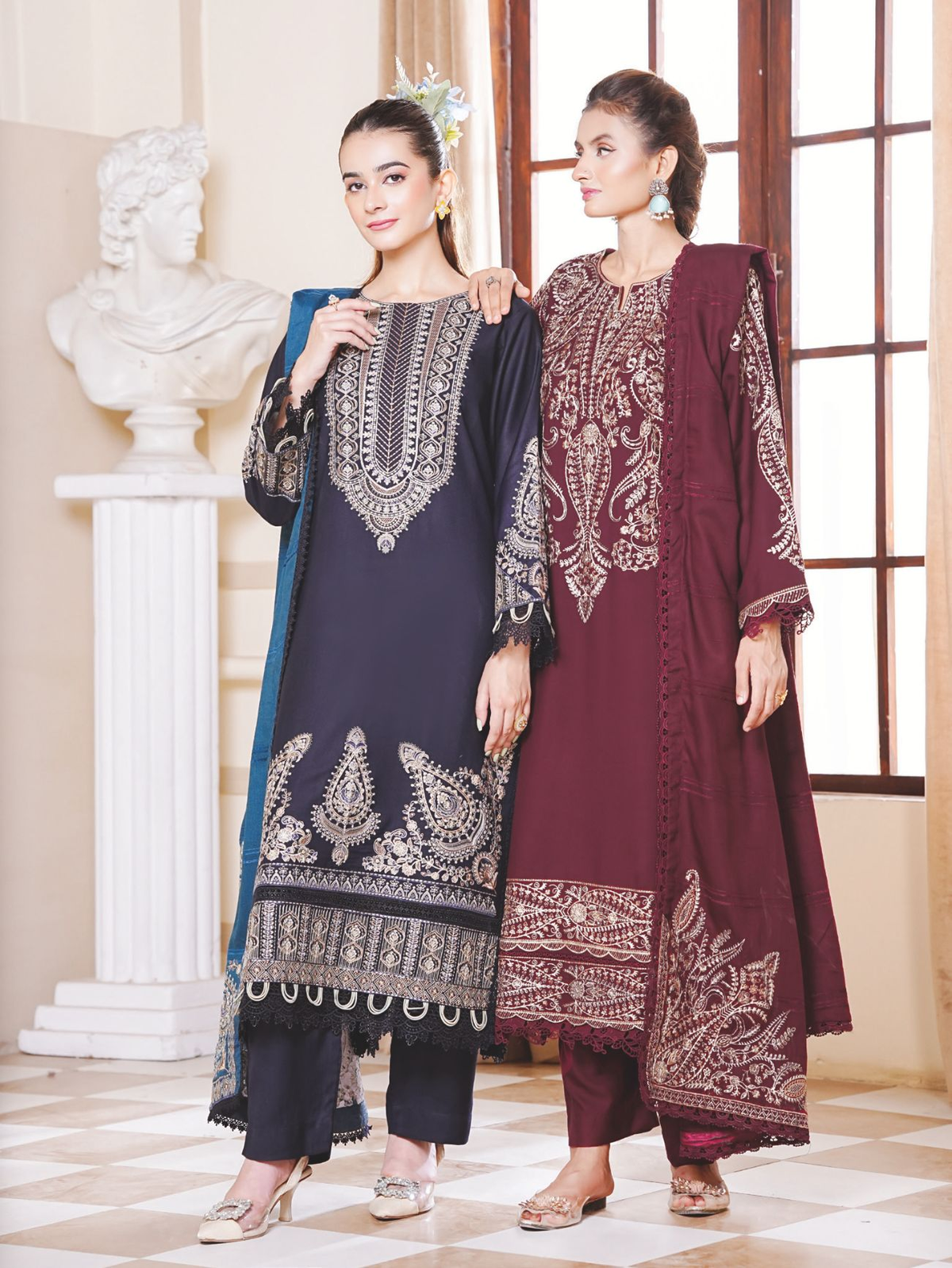 Embroidered Winter Ensemble with Elegant Jacquard Wool Shawl