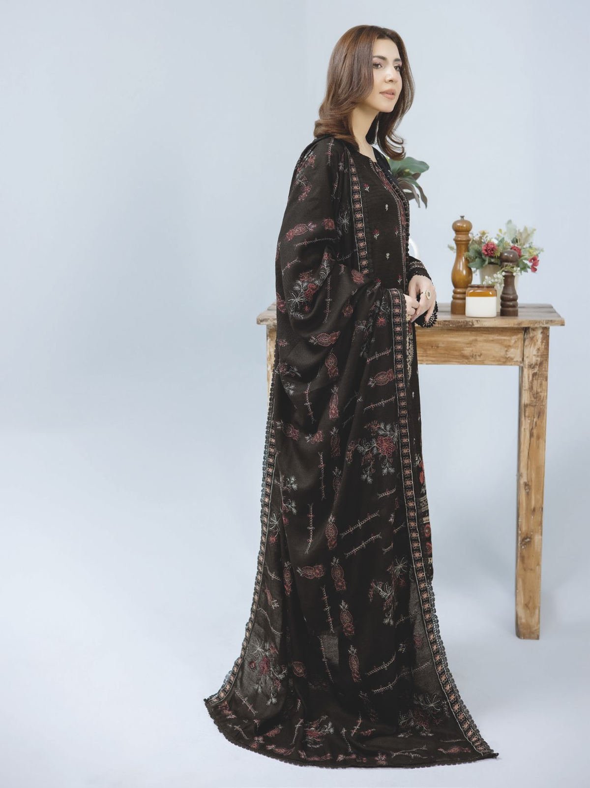 Elegant Embroidered Winter Dress with Luxury Wool Shawl
