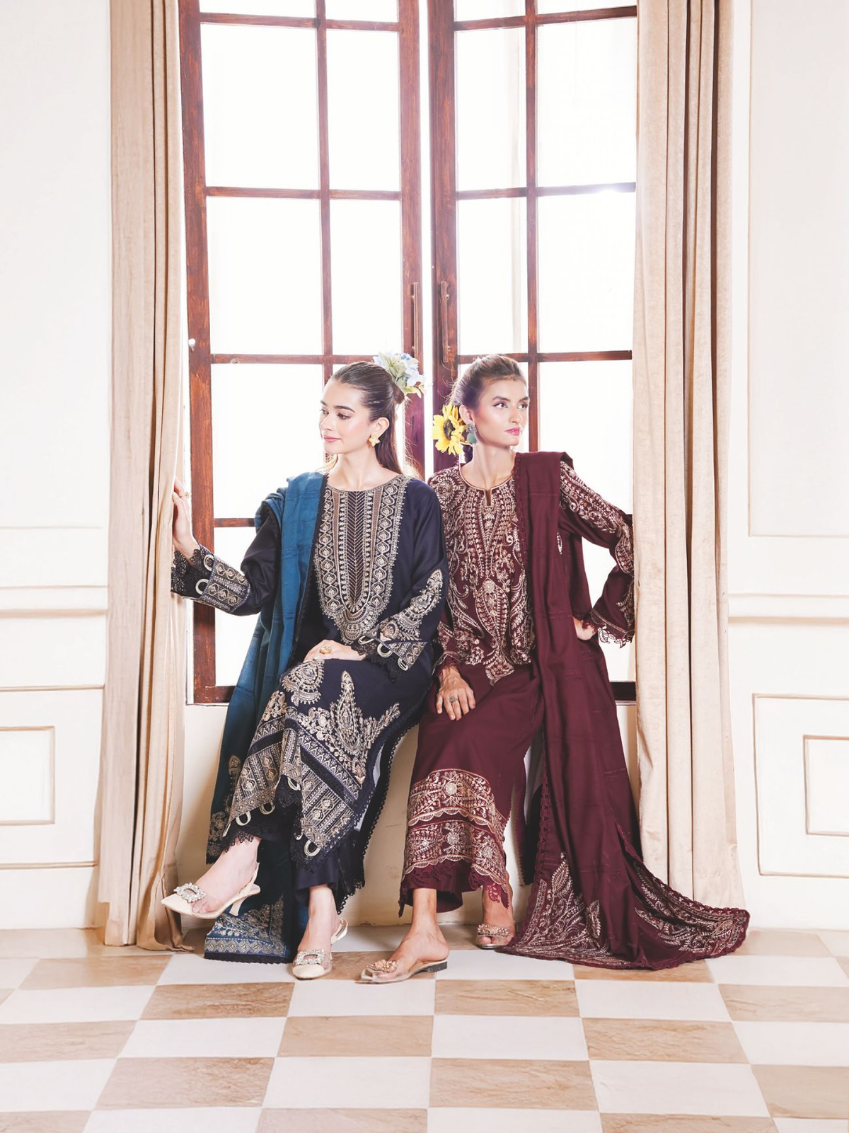 Embroidered Winter Ensemble with Elegant Jacquard Wool Shawl