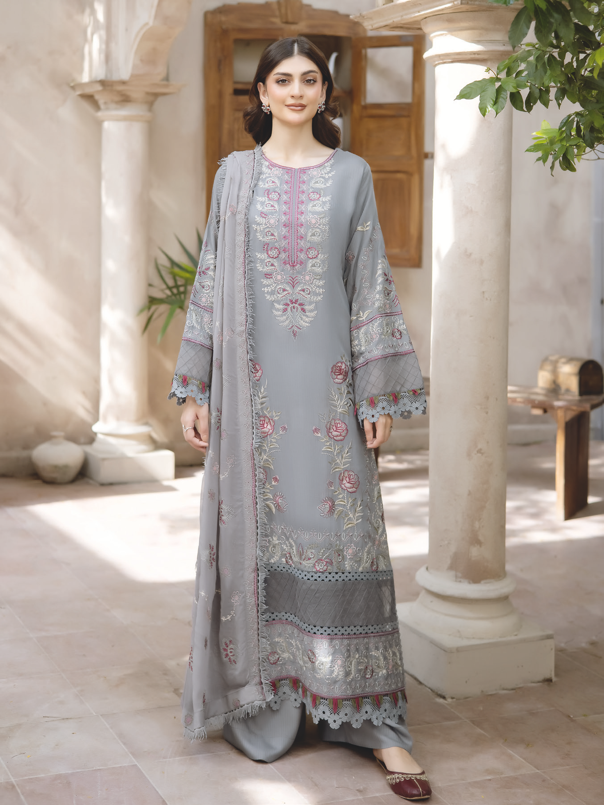 Luxury Embroidered Silk Viscose Suit with Bamber Chiffon Dupatta