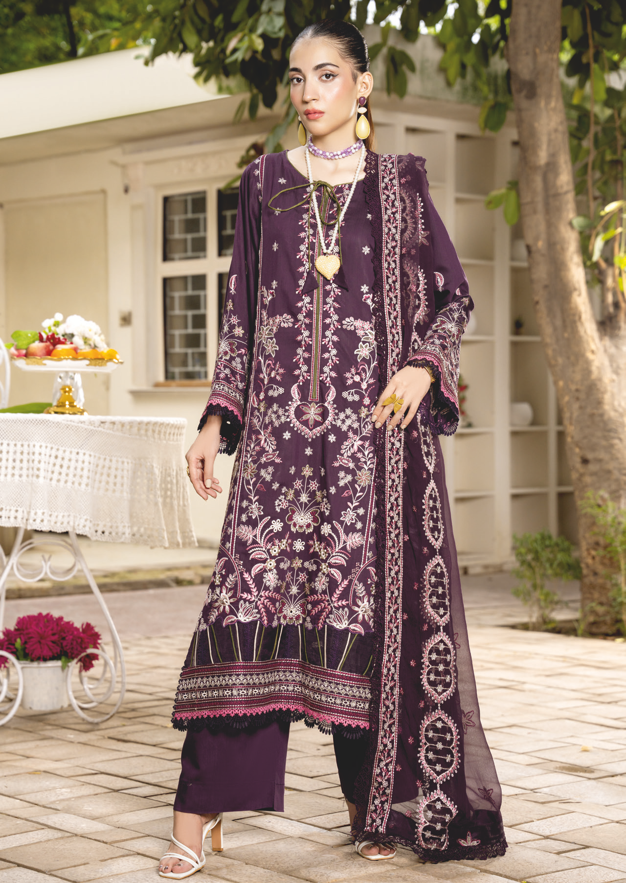 Embroidered Silk Viscose Suit with Embroidered Bamber Chiffon Dupatta