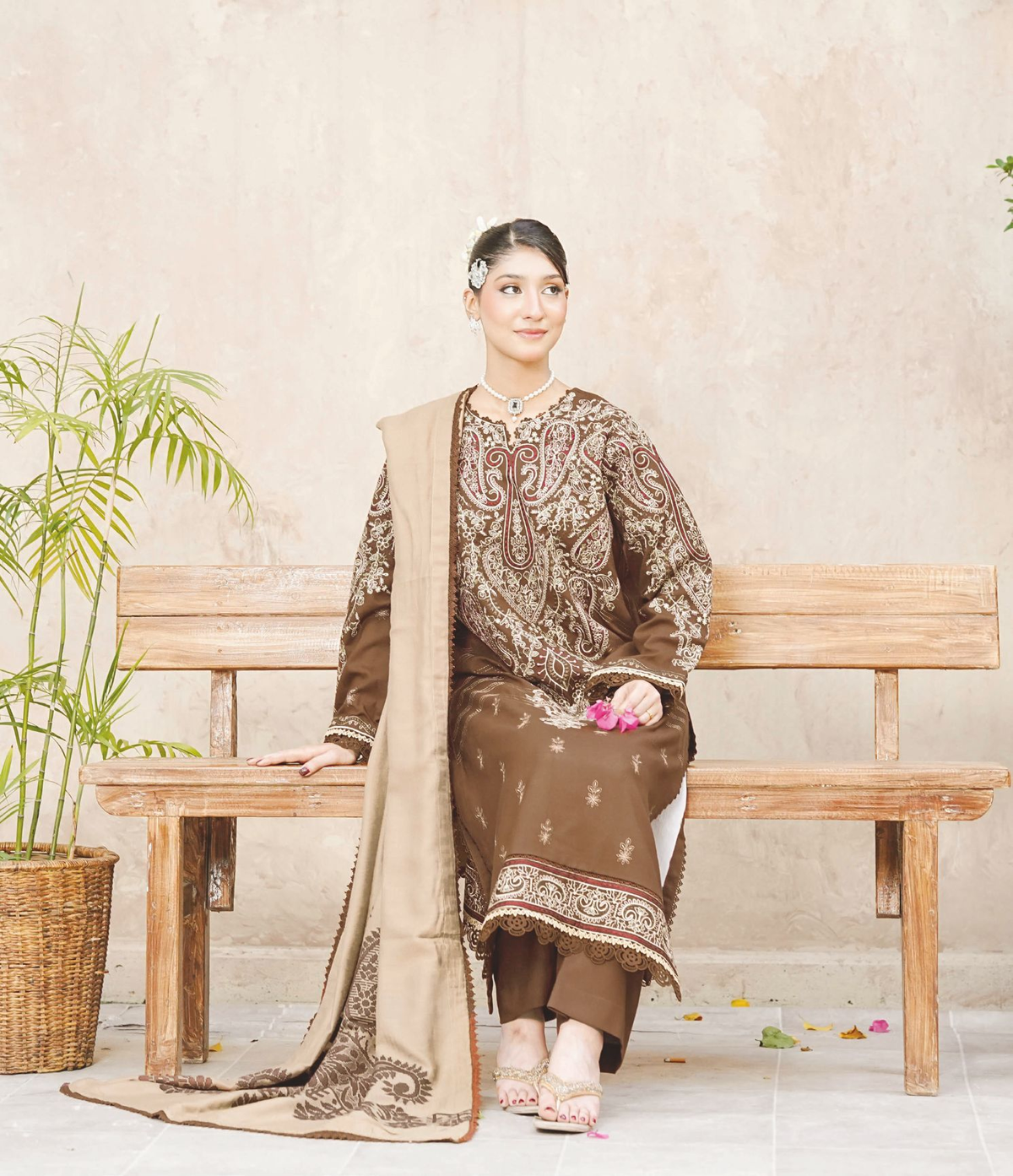 Luxury Embroidered Winter Suit with Jacquard Wool Shawl