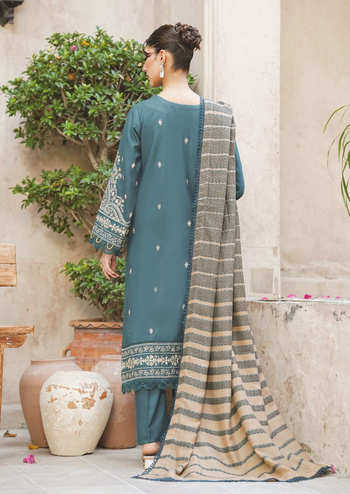 Elegant Embroidered Winter Collection with Jacquard Wool Shawl