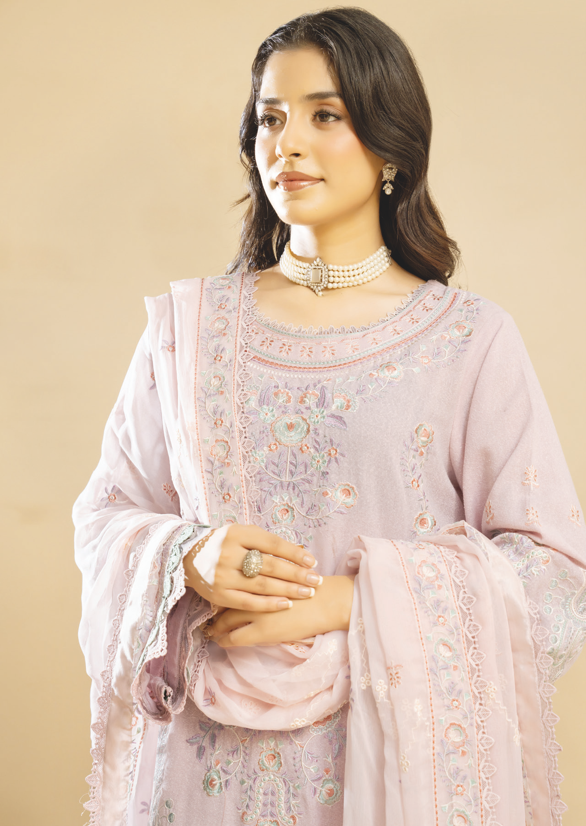 Designer Embroidered Karandi Suit for Women | Resham Embroidery & Bamber Chiffon Dupatta