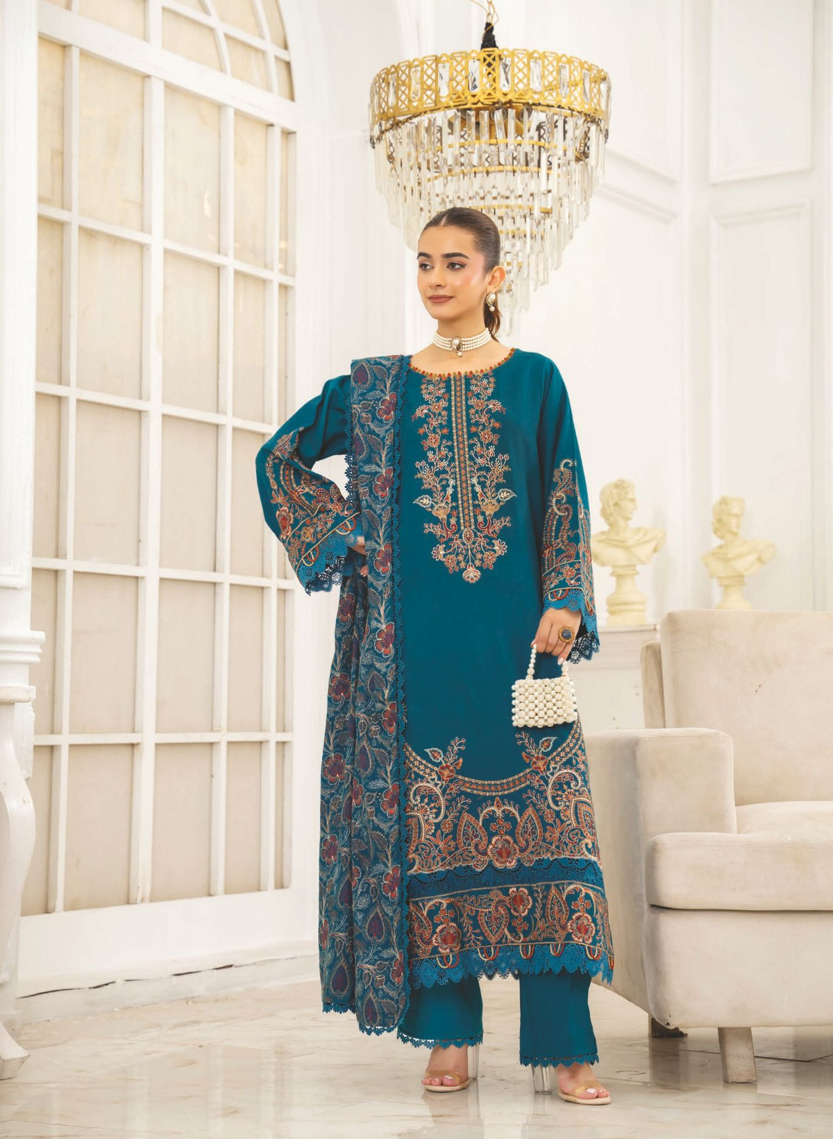 Luxury Embroidered Winter 3-Piece Suit with Shawl